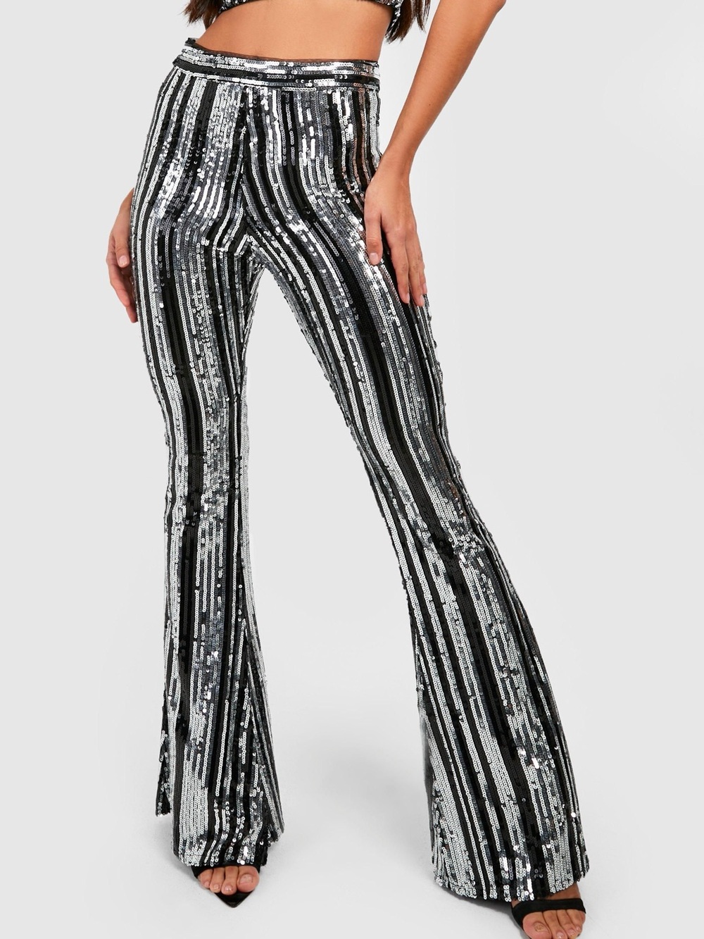 Boohoo Tall Silver Sequin Flare Pants Size Small
